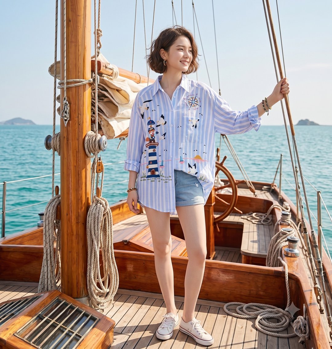 衬衫，手工刺绣，可爱图案，亚麻材质，灯塔、狐狸、船、海洋、海鸥。 - 女装上衣 - 绣线 蓝色