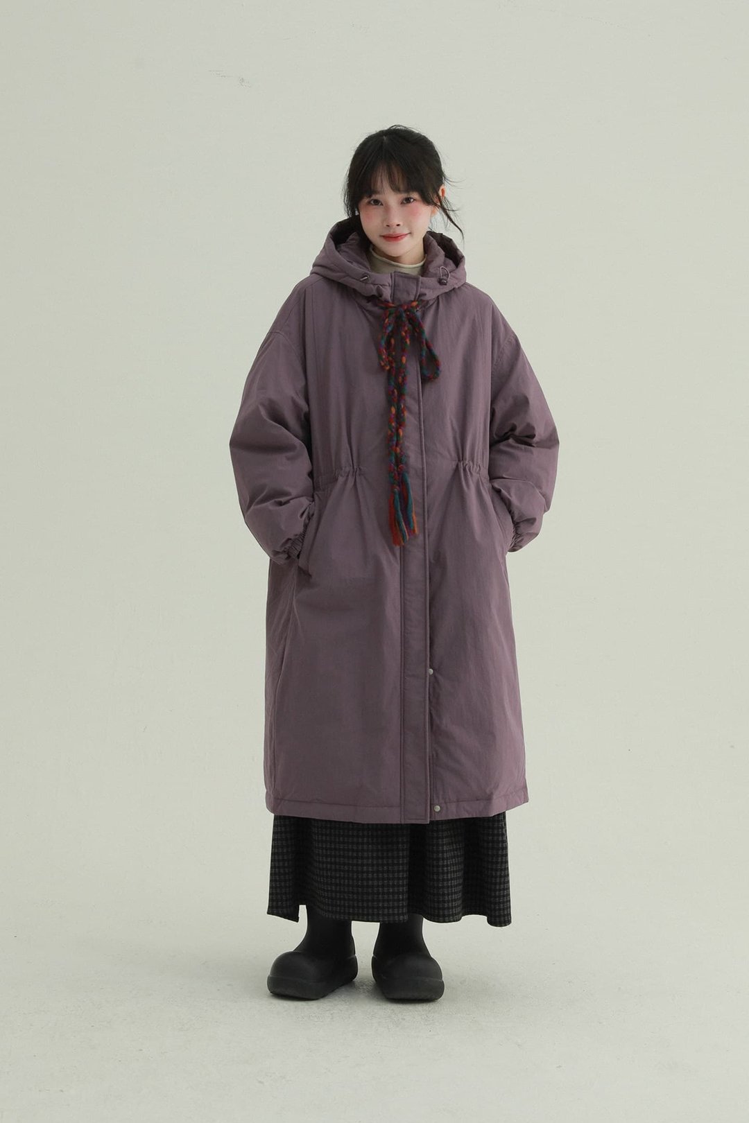 紫色 魔女斗篷 連帽腰間抽繩長款羽絨服 90%白鴨絨休閒保暖外套 - 女装休闲/机能外套 - 其他人造纤维 紫色