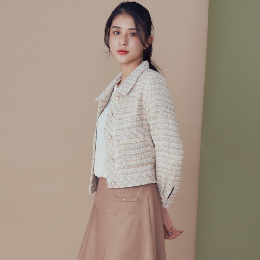 【MEDUSA】米色毛呢小香风外套 (M-XL) | 小香风 毛呢外套 短外套 - 女装西装外套/风衣 - 其他材质 金色
