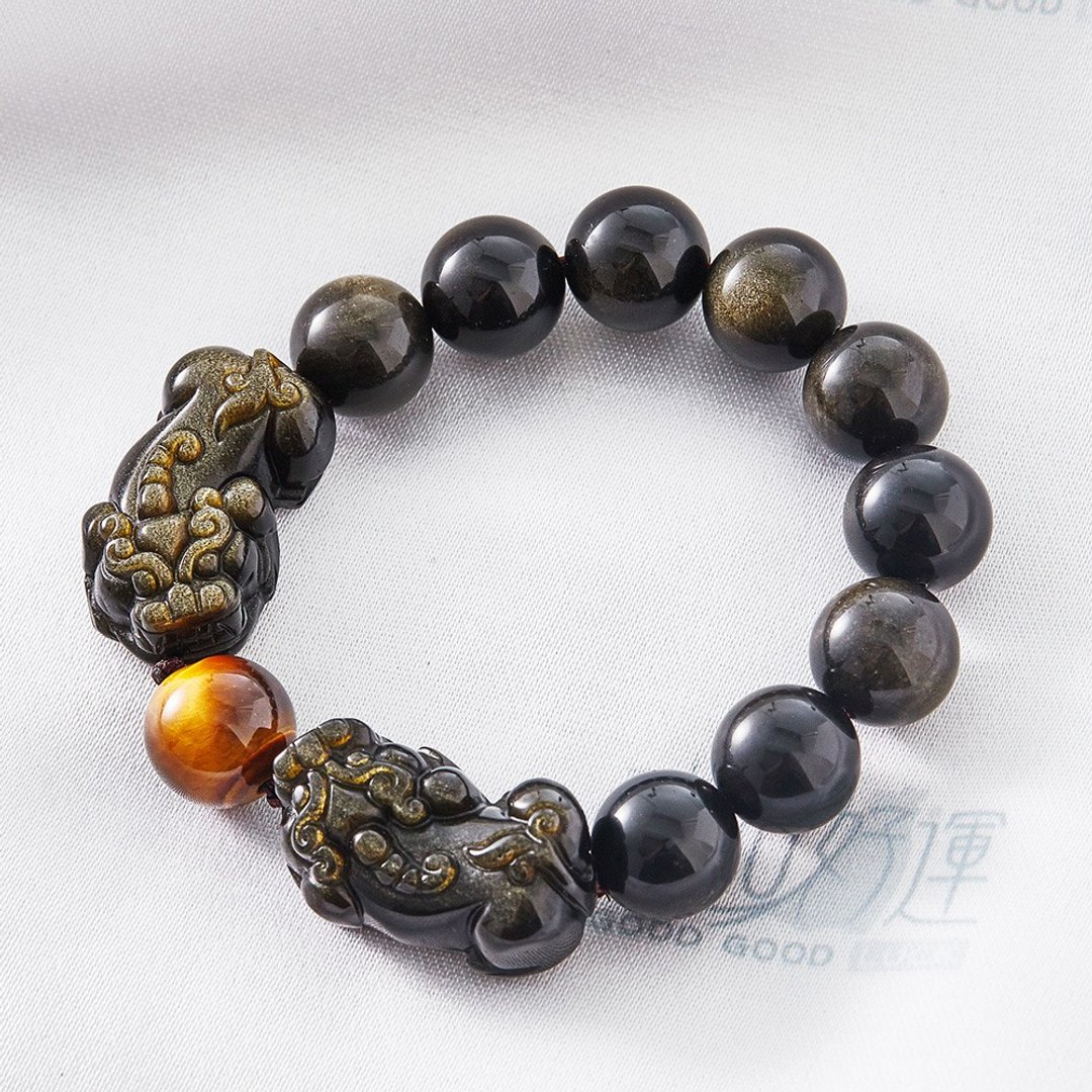 金曜石双貔貅手链12MM(含开光)驱邪、化煞、转运、增财、促姻缘 - 手链/手环 - 宝石 金色