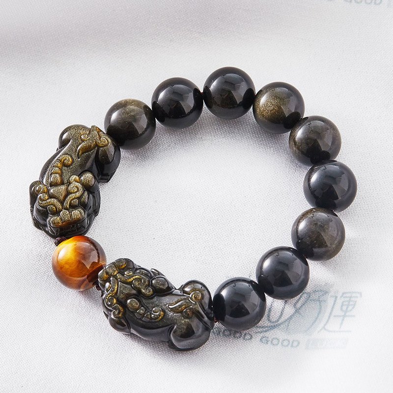 金曜石双貔貅手链12MM(含开光)驱邪、化煞、转运、增财、促姻缘 - 手链/手环 - 宝石 金色