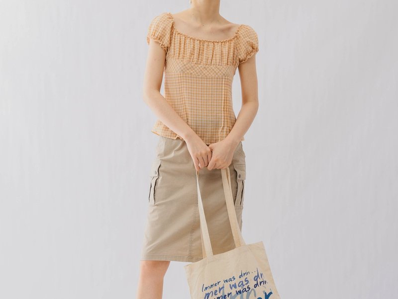 法式复古 清新对丝工艺修身 橘色格纹小衫 - 女装上衣 - 棉．麻 橘色