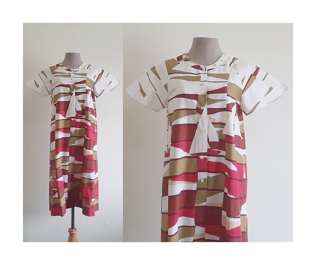 Vintage White Pink Abstract Print Dress - 洋装/连衣裙 - 棉．麻 