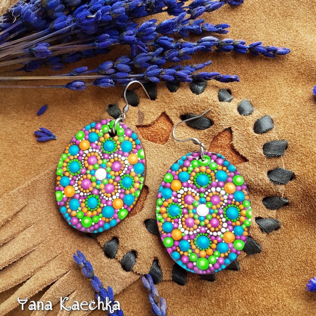 Hand Painted Mandala Earrings, Earrings Oval Dot3 , Summer Party Earrings - 耳环/耳夹 - 木头 多色