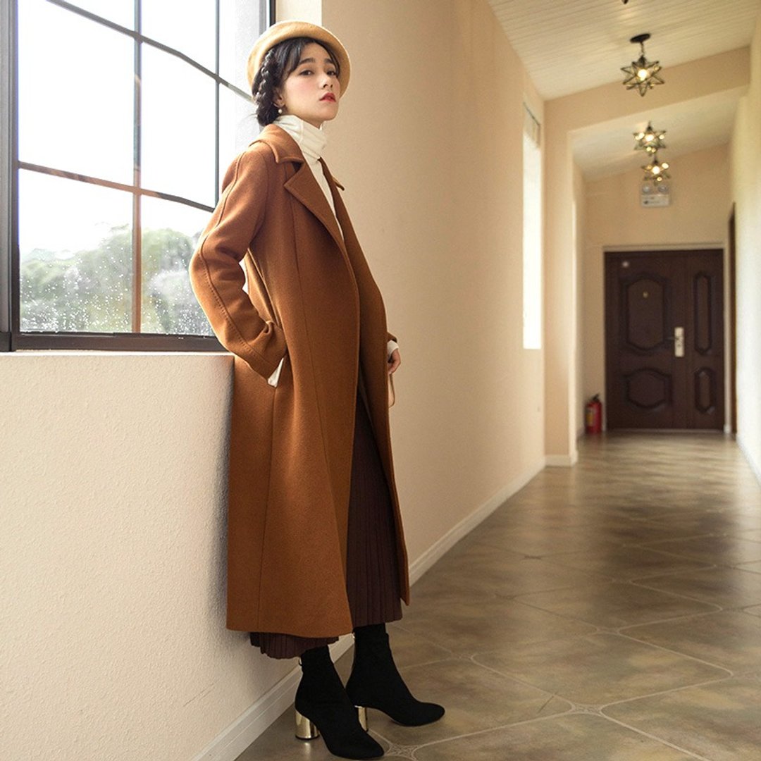 焦糖色安妮陈2017冬装新款女装单排扣毛呢大衣 Y7C485 - 女装休闲/机能外套 - 聚酯纤维 咖啡色
