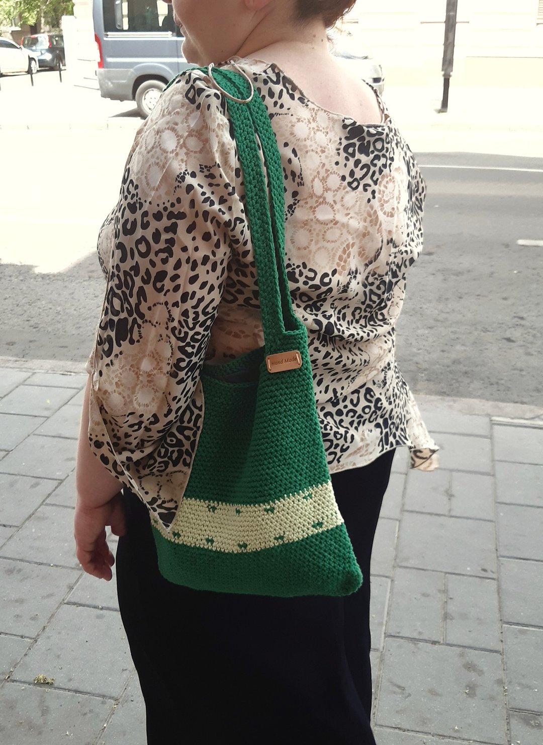 Hand Crochet Woman Green Handbag Shopping Bag Shoulder Bag Handmade - 手提包/手提袋 - 棉．麻 绿色