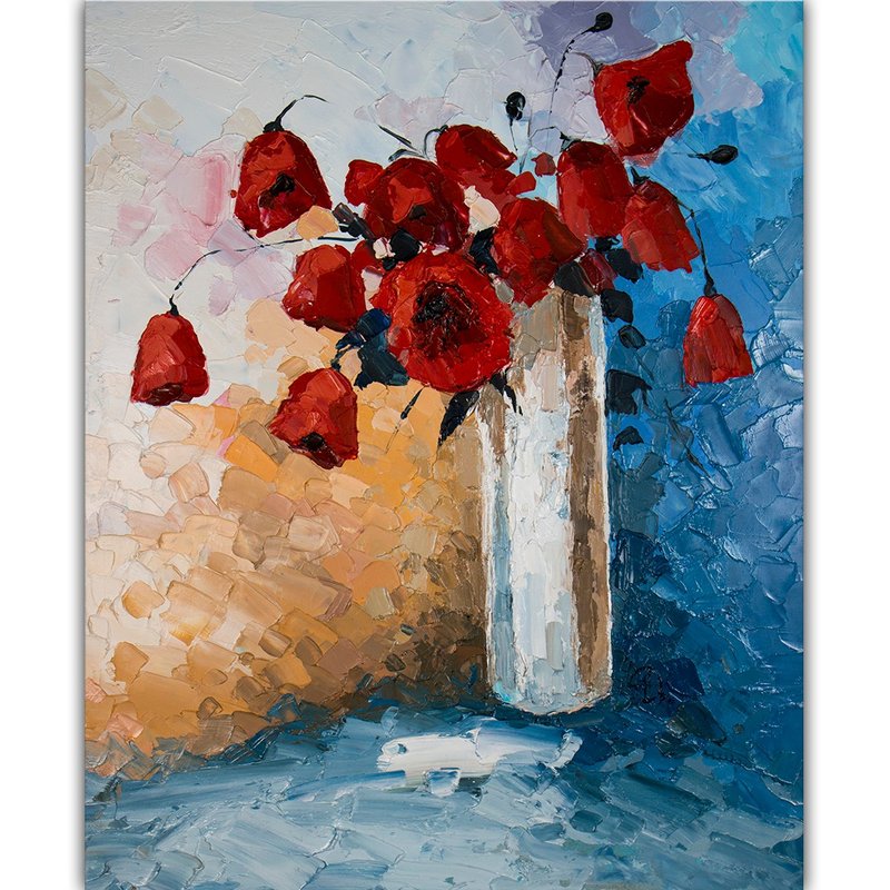 Poppy Painting Flower Original Art Floral Still Life Oil Hand-Painted - 海报/装饰画/版画 - 其他材质 红色