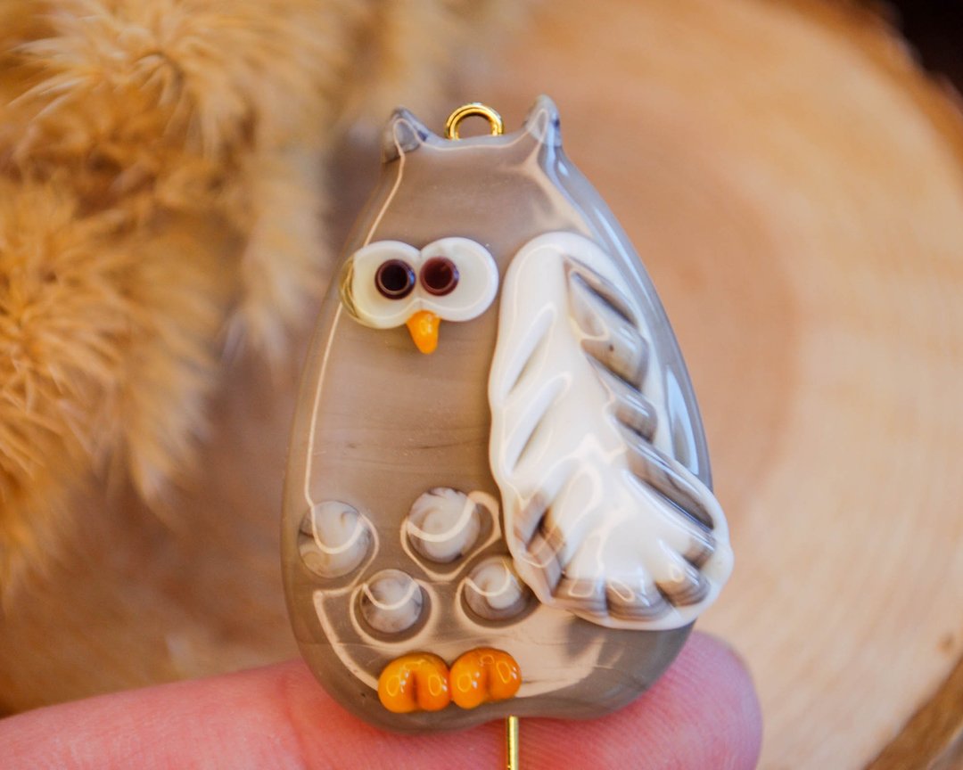 Owl - Handmade animal lampwork glass bead - 1pc - 金工/饰品 - 玻璃 咖啡色