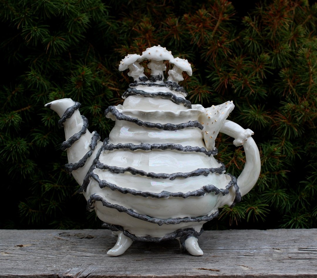 Fancy porcelain teapot Mushroom figurines Handmade white black ceramic teapot - 茶具/茶杯 - 瓷 多色