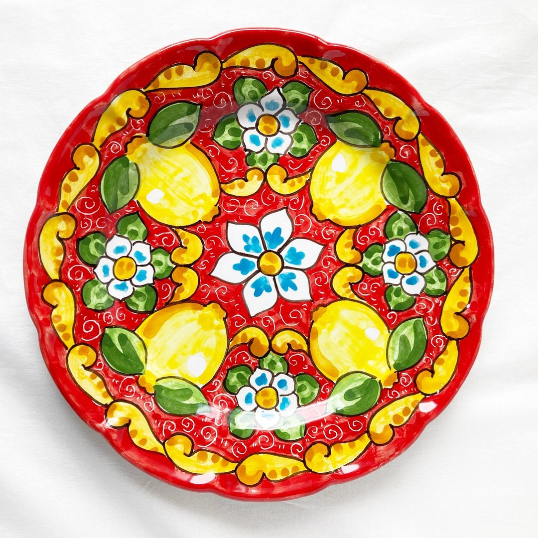 彩绘盘 26 厘米 Majolica 意大利陶器柠檬图案餐盘蓝绿 - 盘子/餐盘/盘架 - 陶 绿色