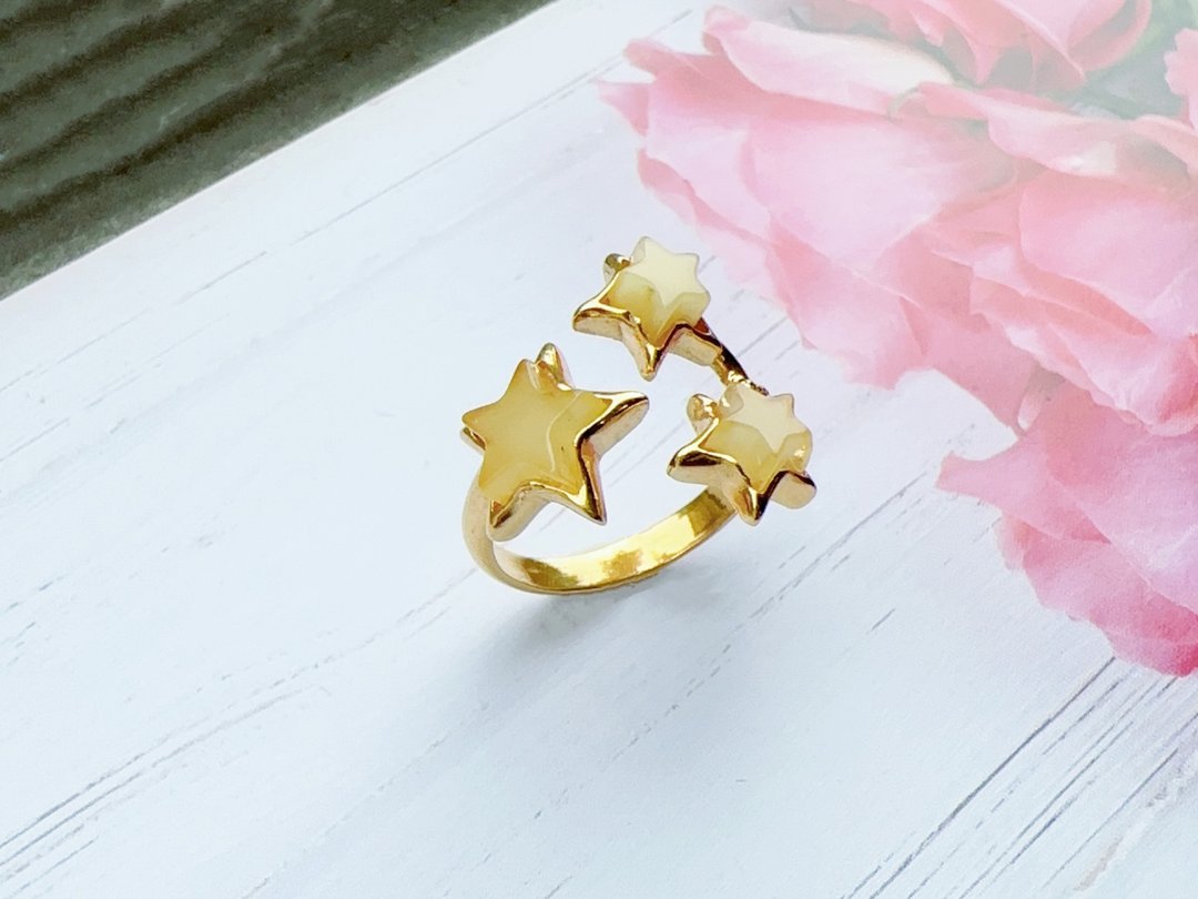 波罗地海 天然蜜蜡琥珀 星星 迷人色泽 简约时尚 金色设计款 - 戒指 - 纯银 