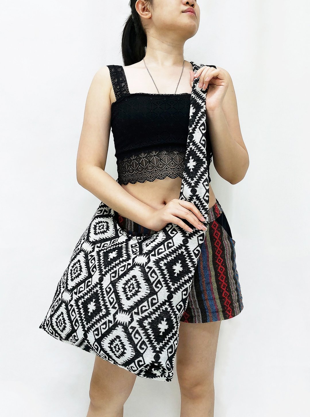 Woven Cotton Bag Shoulder bag Crossbody bag Bohemian Unisex Hobo bag Long Strap - 其他 - 棉 黑色