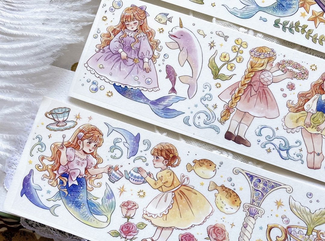 深海奇遇 女孩和美人魚 PET 紙膠帶 10米卷 - 纸胶带 - 其他材质 多色