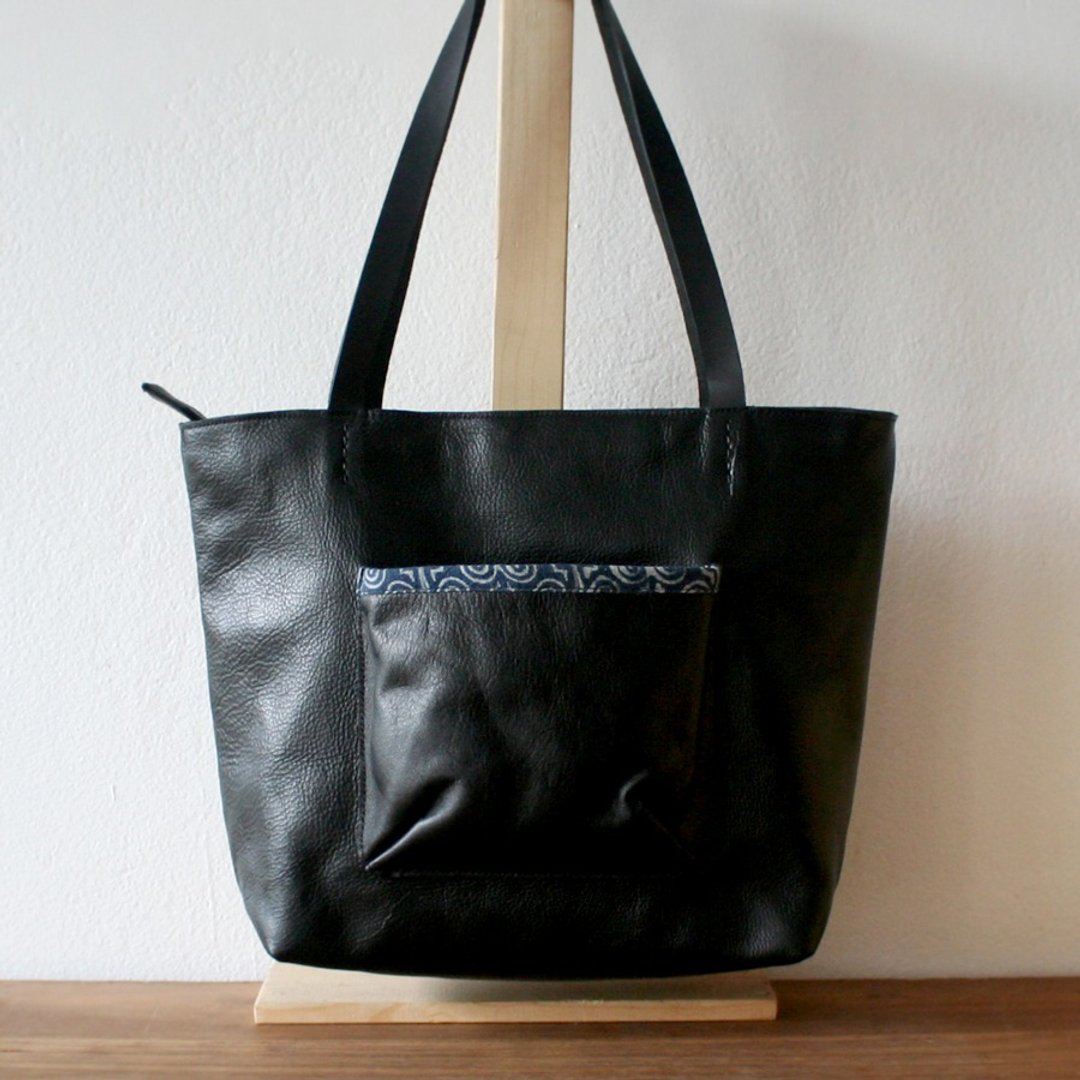 SALE!! Black Zipper Leather Tote Bag / Indigo Weekend Handbag / Batik Bag - 侧背包/斜挎包 - 真皮 黑色