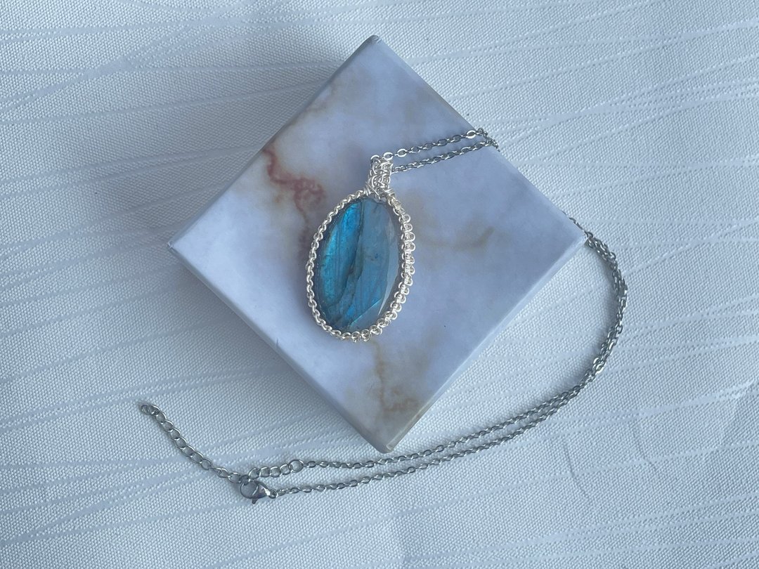 #221105 wire wrapping 拉长石 铜线 绕线 吊堕 - 项链 - 铜/黄铜 蓝色