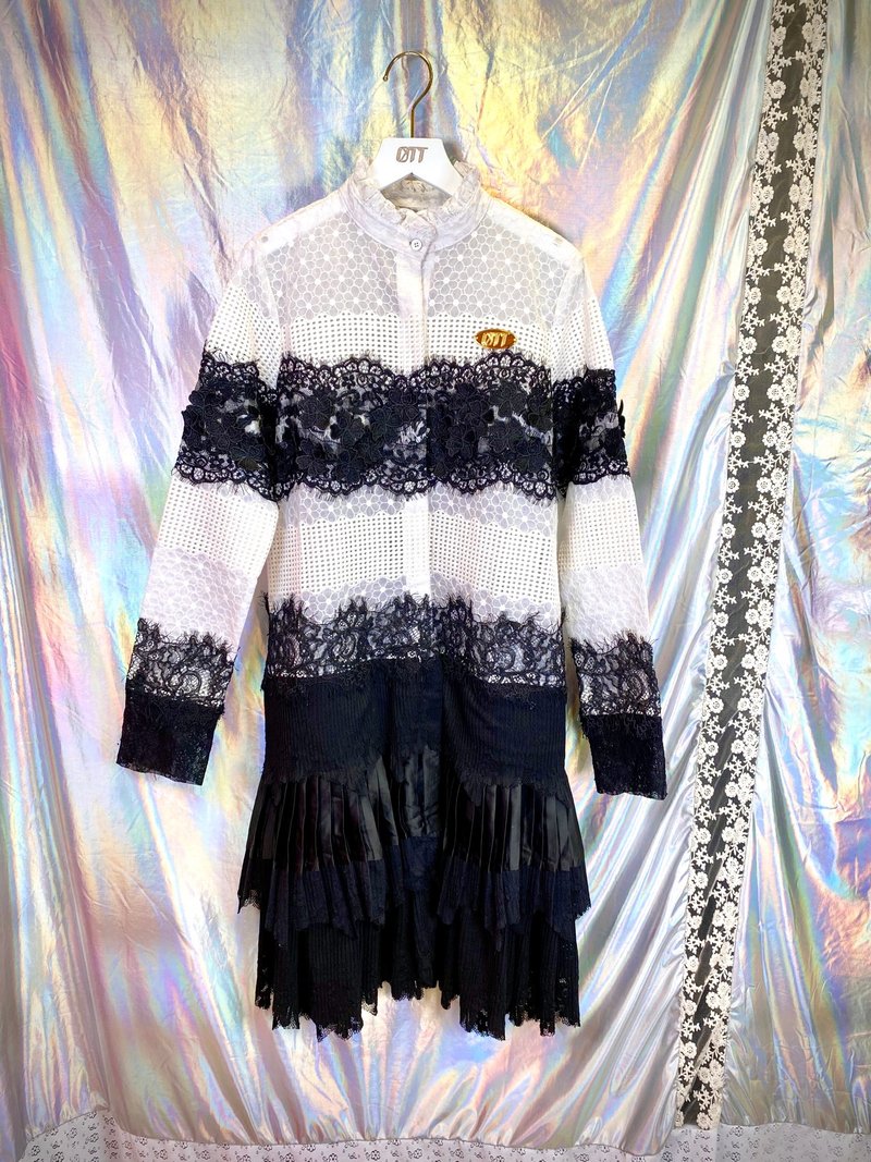 只此一件*黑白撞色蕾丝恤衫压褶长裙* - 女装衬衫 - 其他材质 黑色