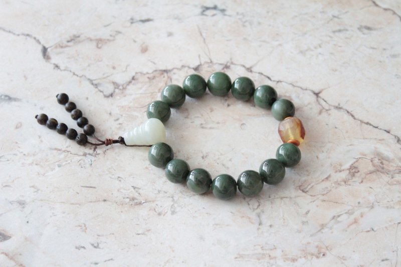 Journal-萦半夏 新疆和阗玉(和田碧玉籽料)稀有猫眼x金药琥珀手串 - 手链/手环 - 宝石 