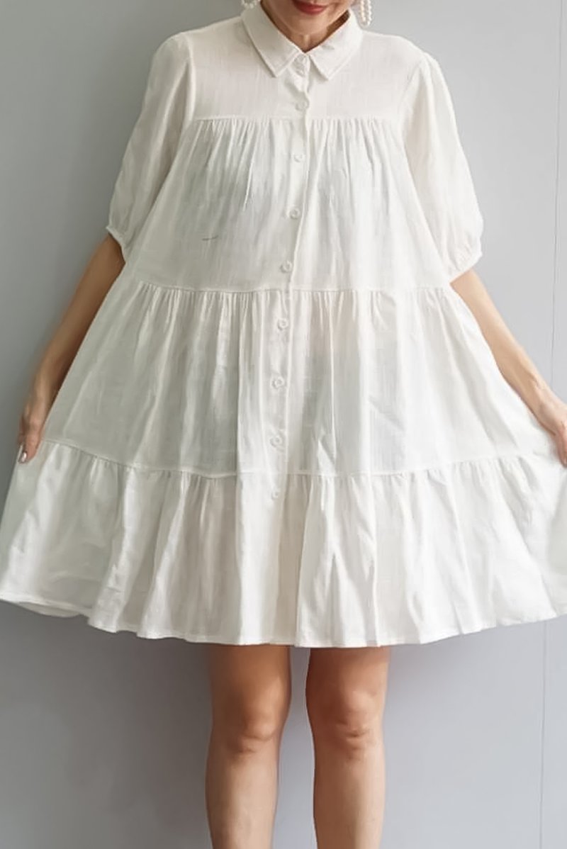 正面迷你亚麻连衣裙/女士夏装/太阳裙长袍/白色束腰衬衫 - 晚装/礼服 - 棉．麻 白色