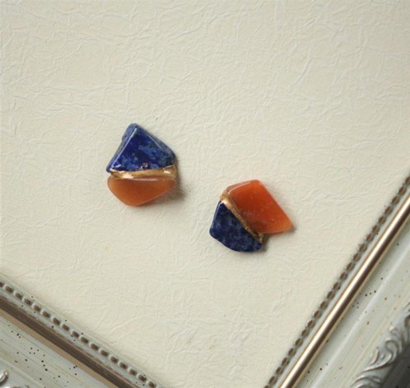 Kintsugi x Natural Stone Clip-On (Lapis Lazuli, Orange Aventurine) - 耳环/耳夹 - 宝石 