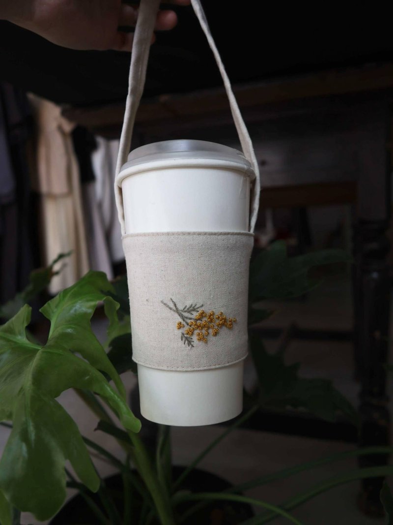 Mimosa金合欢手刺绣饮料袋/杯袋/可收纳 - 手提包/手提袋 - 棉．麻 