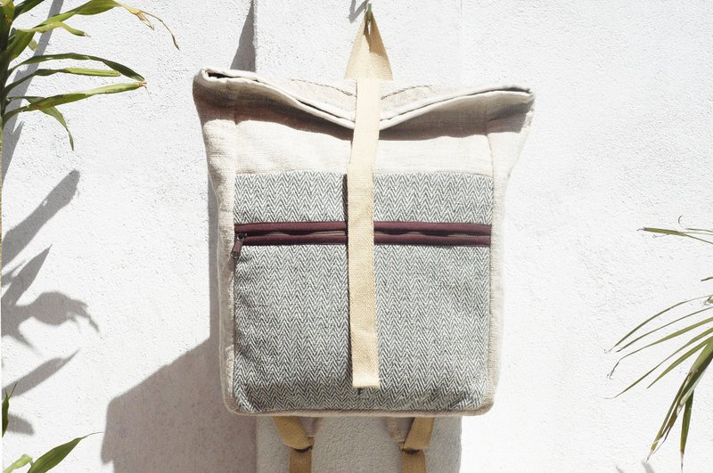 七夕礼物 限量手工自然染棉麻后背包 / 肩背包 / 民族登山包 / 旅行后背包 / 电脑包 / 手工包 - 植物染 草地绿卷盖后背包 - 后背包/双肩包 - 棉．麻 绿色