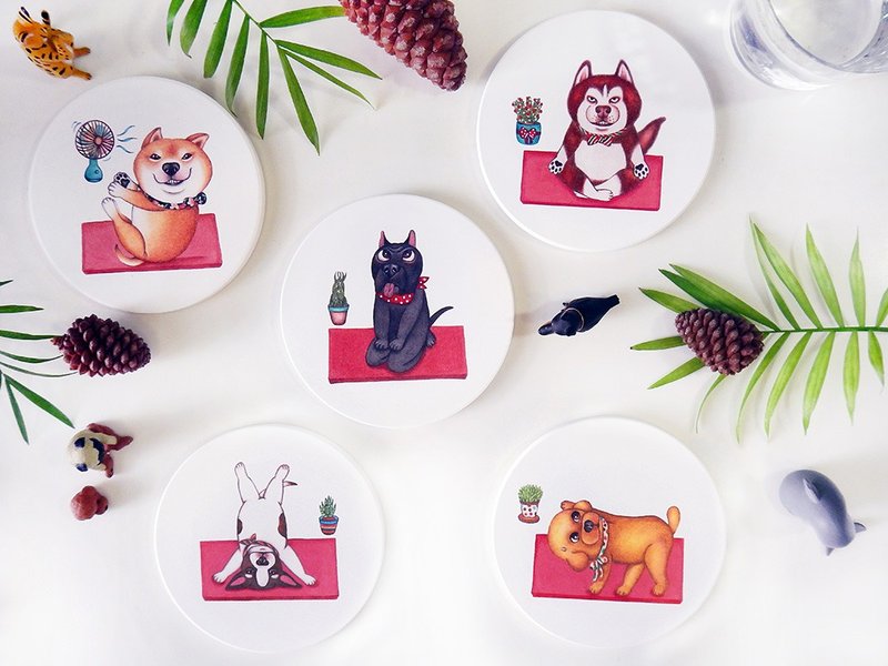 手绘狗狗陶瓷吸水杯垫 瑜珈狗 - 其他 - 陶 多色