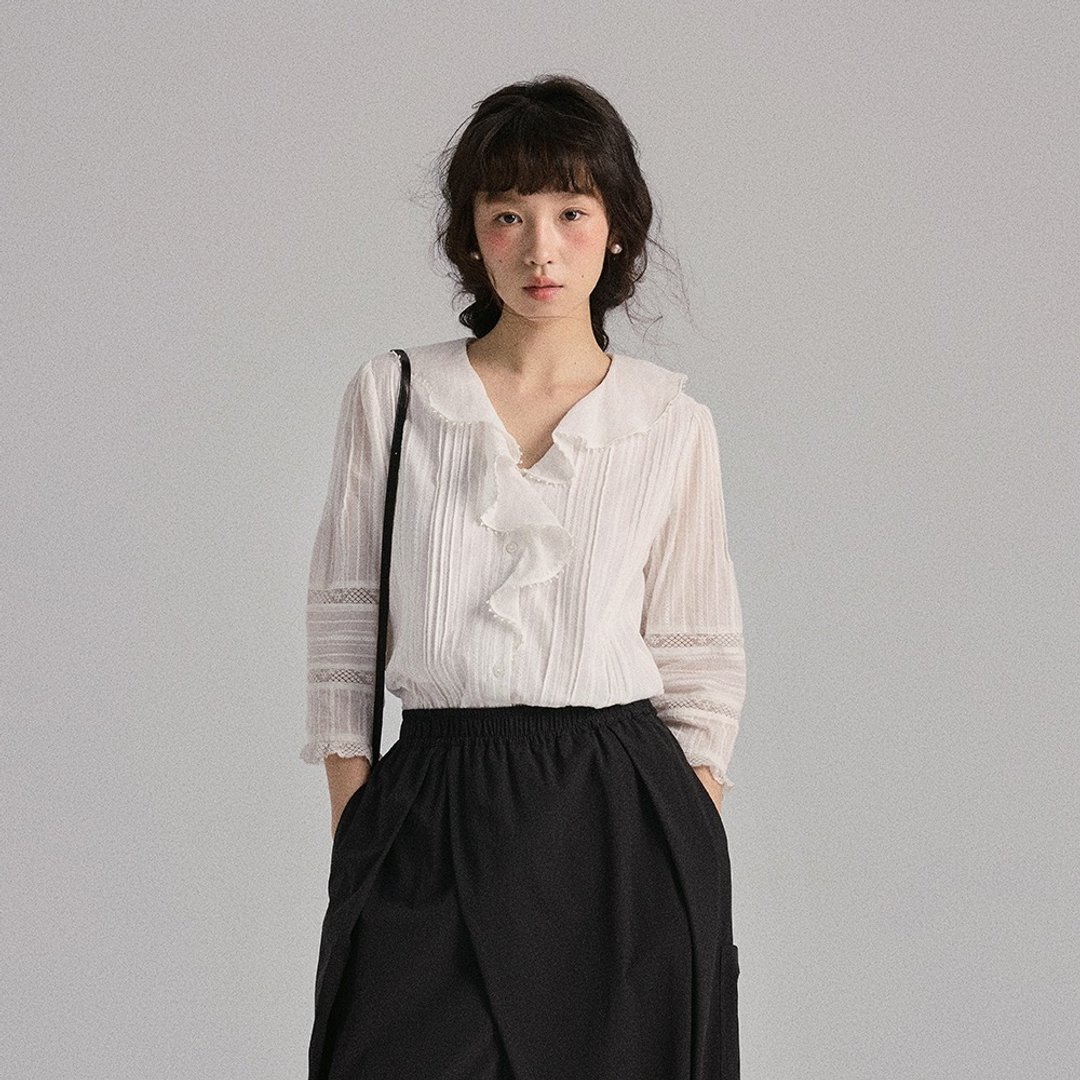 白色荷叶领提花衬衫|衬衫|春夏款|Sora-1789 - 女装衬衫 - 棉 白色