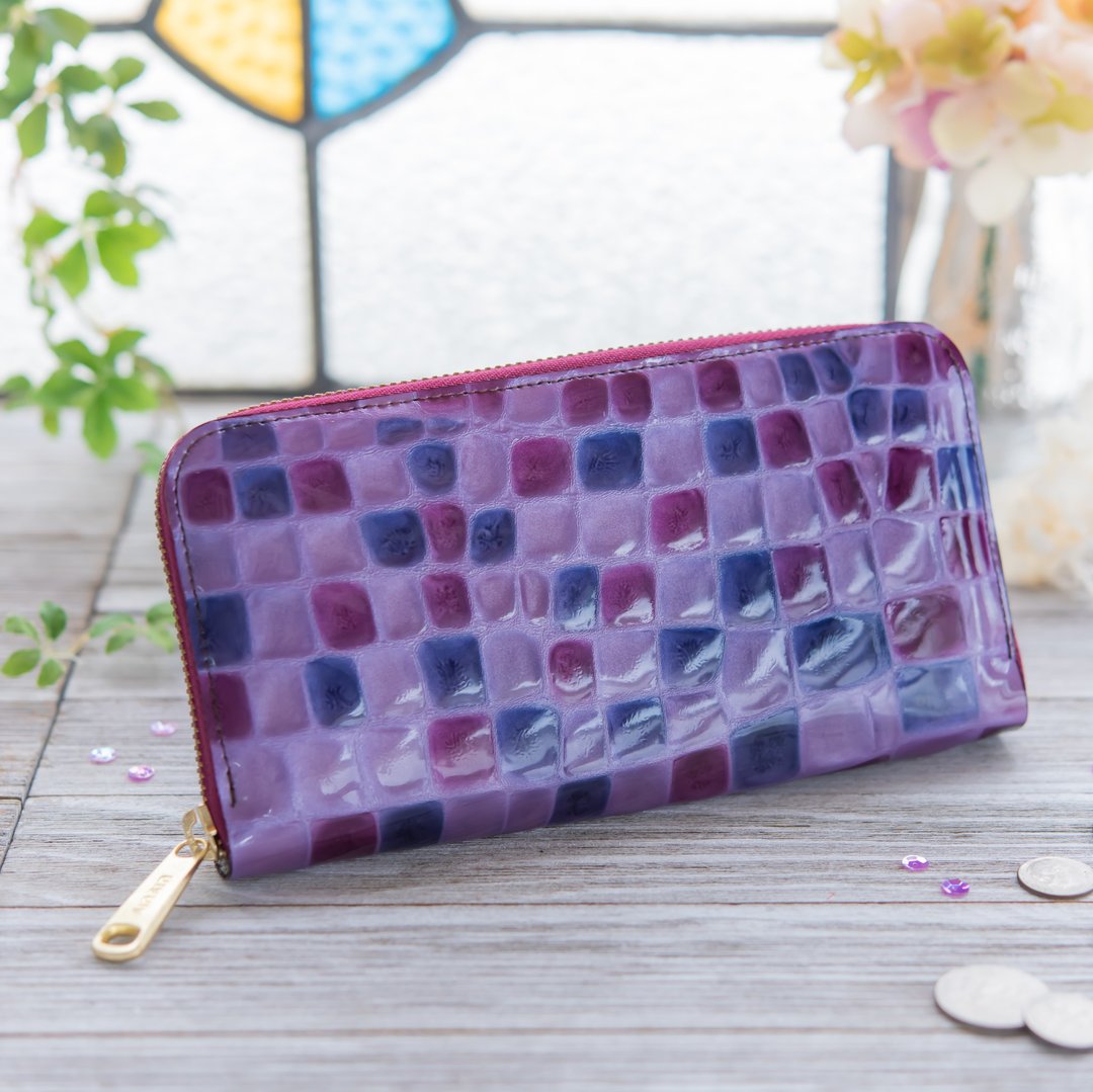 Made in Japan Cowhide Stained Glass Colored Glass Purple made in JAPAN handmade leather wallet - 皮夹/钱包 - 真皮 紫色