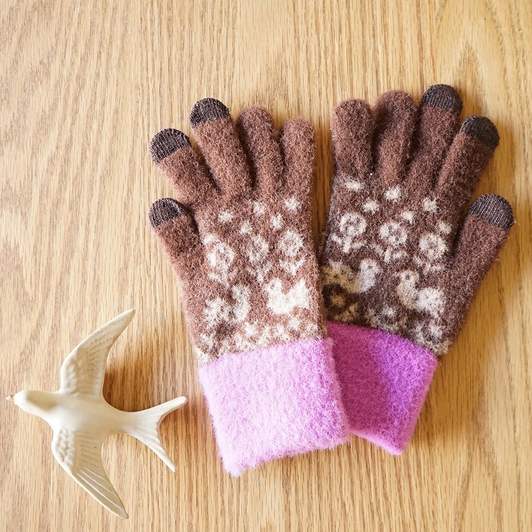智慧手机兼容手套 fluffy gloves birds brown - 手套 - 压克力 咖啡色