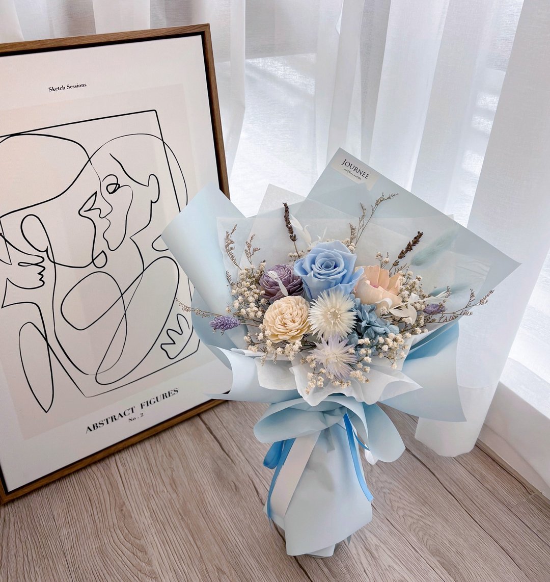 Journee月光蓝永生玫瑰毕业花束干燥花束 情人节花束求婚生日 - 干燥花/捧花 - 植物．花 蓝色