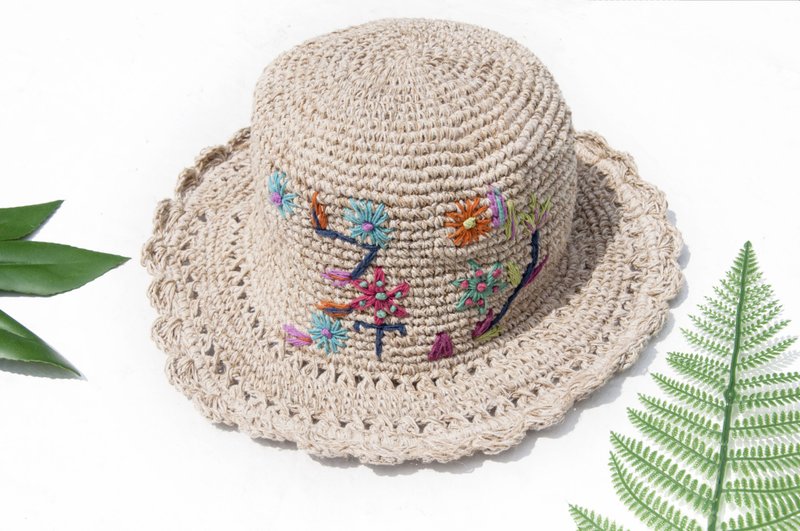 棉麻帽 编织帽 渔夫帽 遮阳帽 草帽 登山帽 草编帽-手工刺绣花朵 - 帽子 - 棉．麻 多色