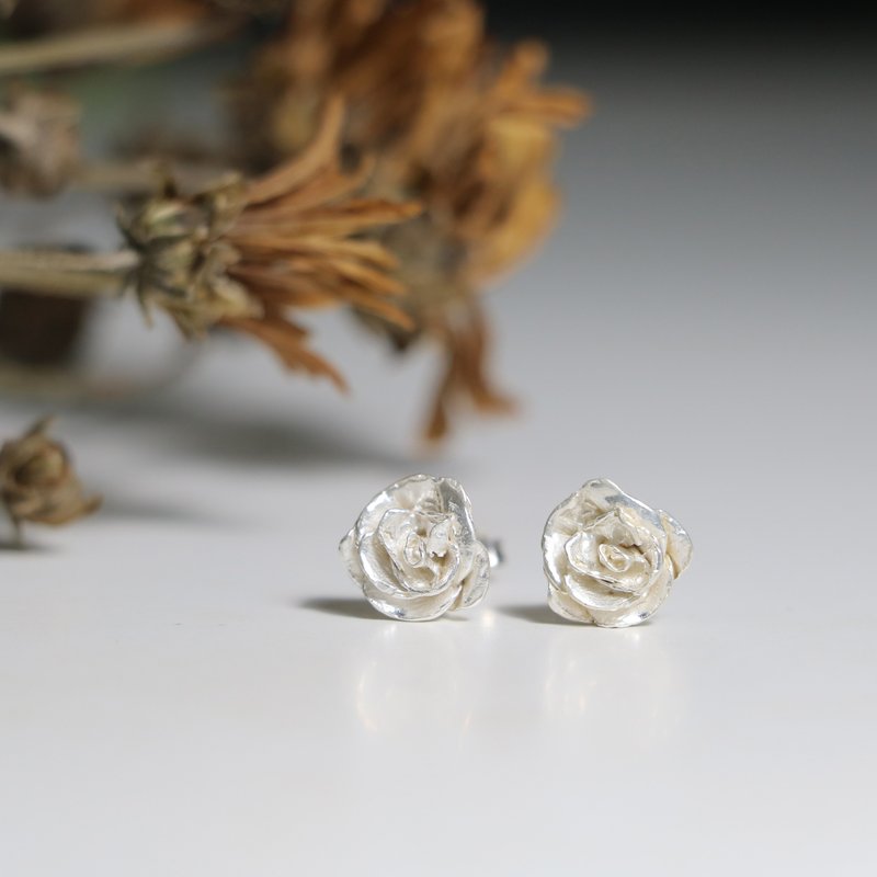 植物描绘系列 | 小朵玫瑰 纯银耳环 - 耳环/耳夹 - 纯银 银色