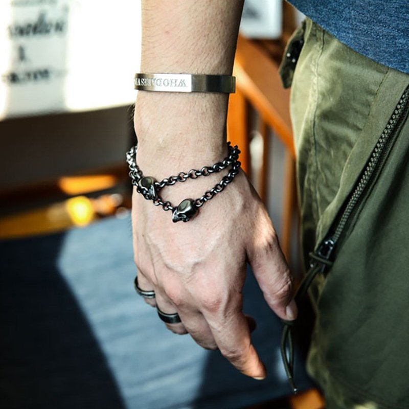 DISSOLVE 骷颅头双层链手链 趣味骷颅头可延链条移动 灰黑色 钛钢 - 手链/手环 - 其他金属 银色