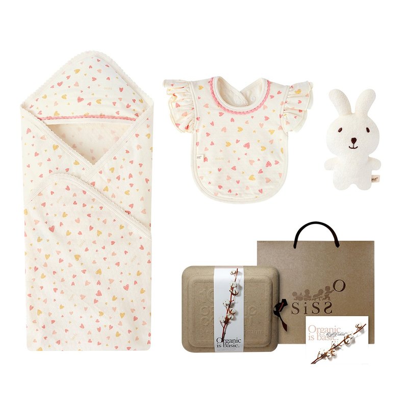 【SISSO有机棉】爱心朵朵天丝棉包巾围兜礼盒 - 满月礼盒 - 棉．麻 白色