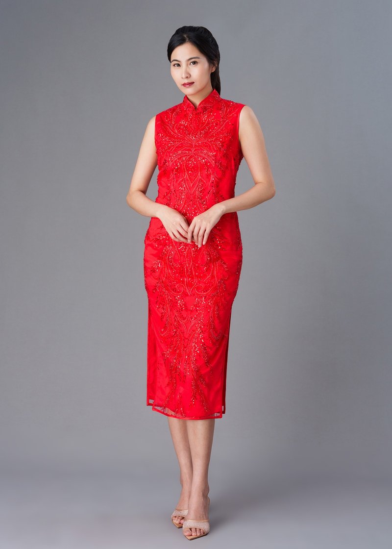 Silene花蕾丝新娘旗袍 |香港设计|古典|气质 - 洋装/连衣裙 - 丝．绢 红色