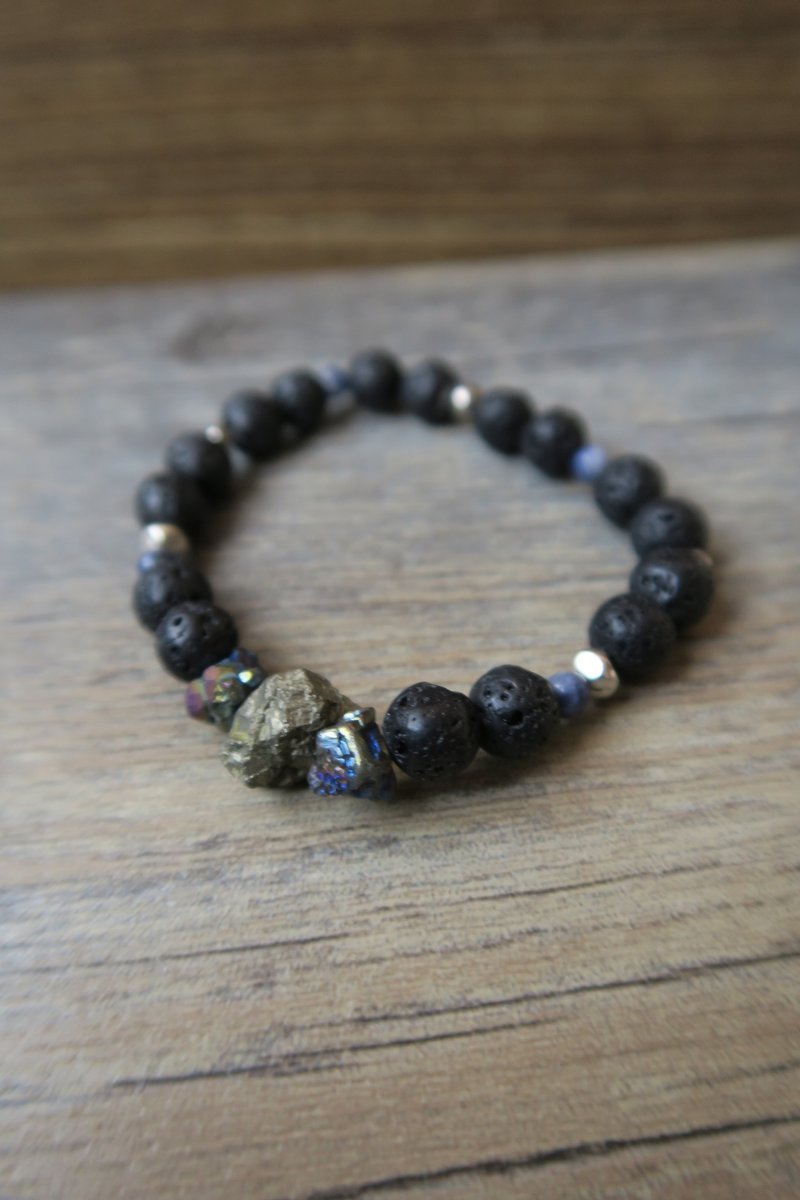 【灵性小手物】黑火山石 彩矿石 黄铁矿 蓝纹石 西藏银珠 手链 - 手链/手环 - 宝石 黑色