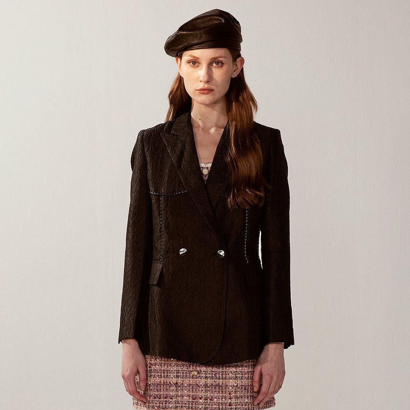 AVVJOY | 黑色立體提花銀珠線條修身西裝外套 - 女装西装外套/风衣 - 其他材质 黑色