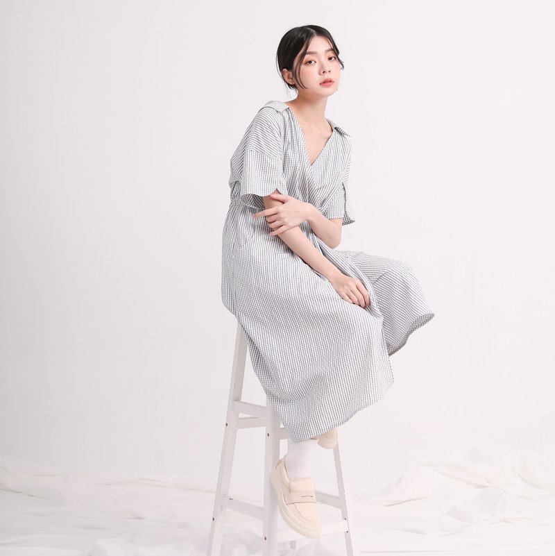 //SUMI x WEARMACAU// Yanfei_烟霏和服式洋装_21SF104_勇敢蓝格 - 洋装/连衣裙 - 聚酯纤维 蓝色