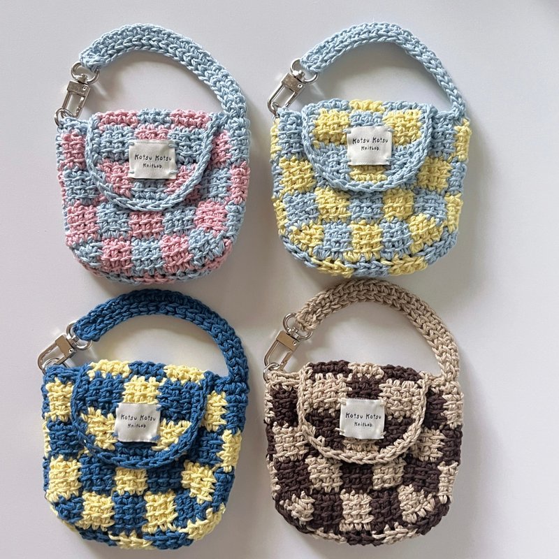 编织格纹小挂包 耳机包 收纳包 台湾制造 100% 天然纯棉线 - 耳机收纳 - 棉．麻 蓝色