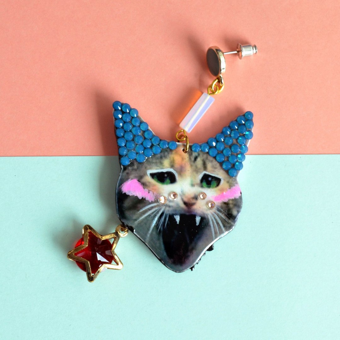 萌爆猫咪相片耳环 缀施华洛水晶 可订制自家的猫咪 Swarovski crystal elements - 耳环/耳夹 - 塑料 多色