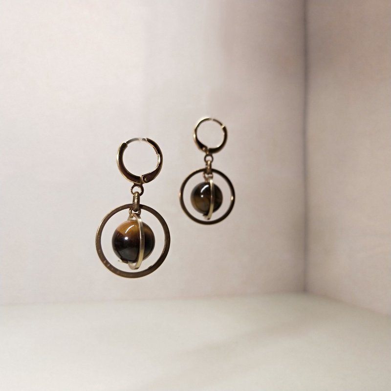 黄铜天然石耳环 - 设计款 - 宇宙星系 - 土星(黄虎眼石) - 耳环/耳夹 - 铜/黄铜 黄色