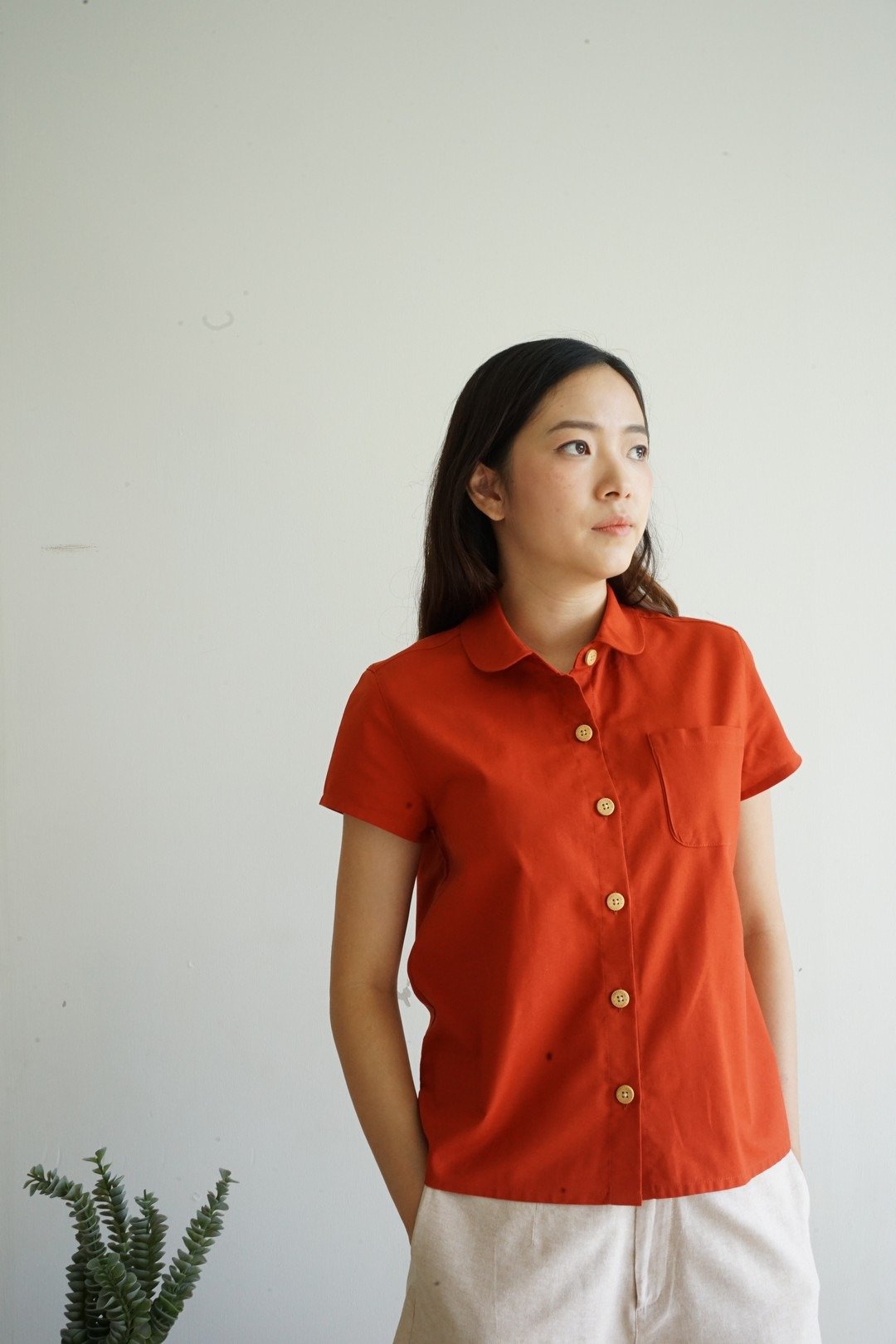 MAMEAW - cotton peter pan collar shirt (red) - 女装衬衫 - 棉 红色