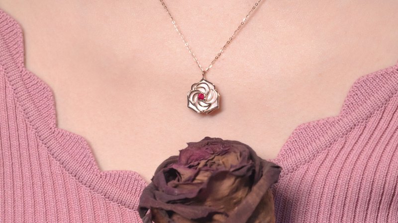 【复古风】纯18K复古红宝石玫瑰花项链 天然母贝 定制化订制 P033 - 项链 - 宝石 红色