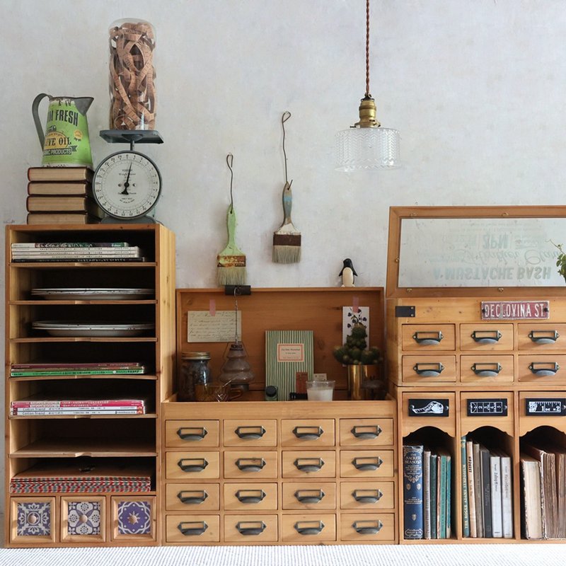 美式復古 木质翻蓋16抽屜收納櫃 桌面分类整理 - 收纳用品 - 木头 卡其色