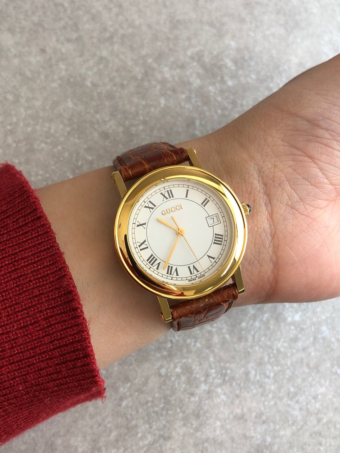 【VintageShop solo 日本直送中古包专卖店】GUCCI 古驰 腕表 金色 x 棕色 罗马数字 压纹皮革 vintage 古着 old 4aruag - 女表 - 真皮 金色