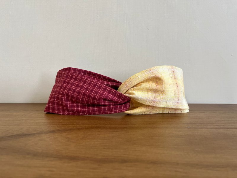 日本先染布 / 经典红格星光 / 圣诞双拼发带 - 发带/发箍 - 棉．麻 红色