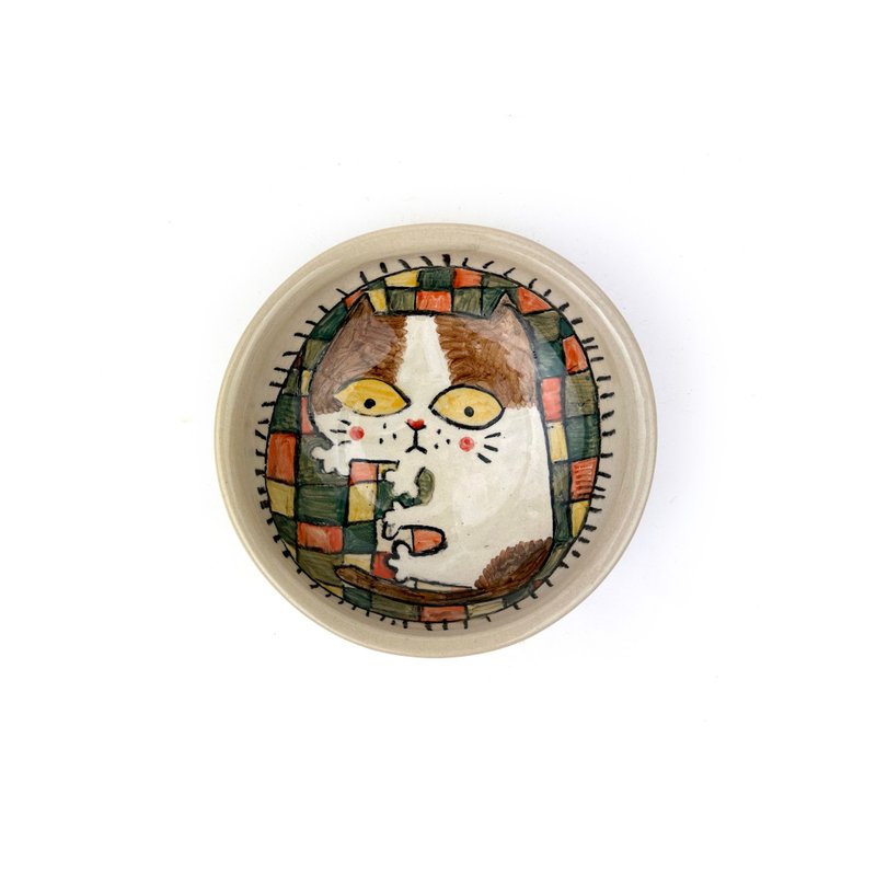 Nice Little Clay 小圆盘 可爱猫 0302S-31 - 浅碟/小碟子 - 陶 白色