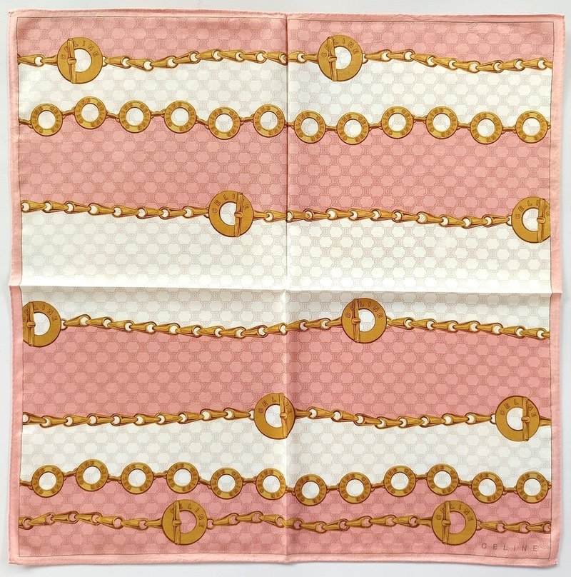 Celine 古着头巾 金色链条 珠宝图案 20 x 19 英寸 - 手帕/方巾 - 棉．麻 粉红色