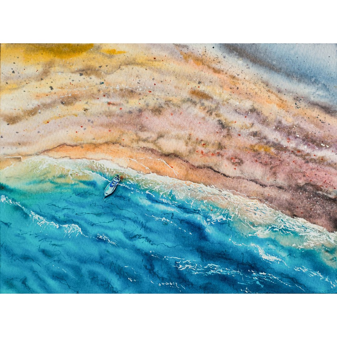 Seascape Original Watercolor Painting Fishing Boat Landscape Wall Art - 海报/装饰画/版画 - 纸 多色