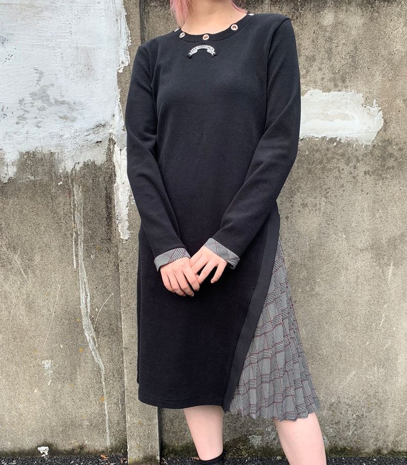 百褶拼接洋装/黑色/格纹/hellcatpunks/hcp-op-0064 - 洋装/连衣裙 - 棉．麻 黑色